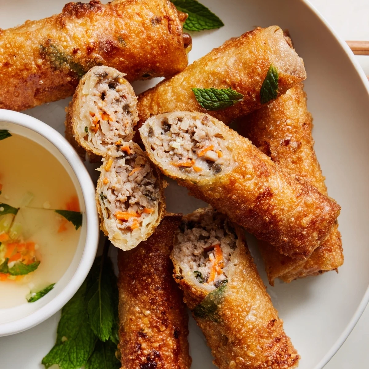 Golden, crispy Cha Gio spring rolls filled with seasoned pork, shrimp, and vegetables, served hot and ready to dip.