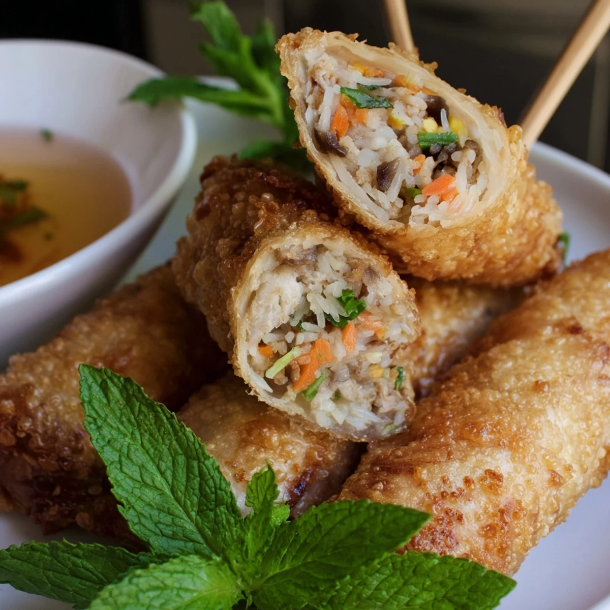 Freshly fried Cha Gio Vietnamese rolls presented on a plate with herbs and lime wedges for a bright appetizer.
