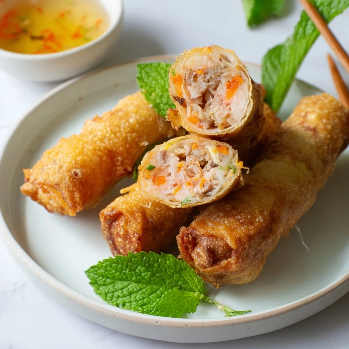 Close-up of crunchy Cha Gio spring rolls revealing a savory pork and shrimp filling, ideal for a festive snack.