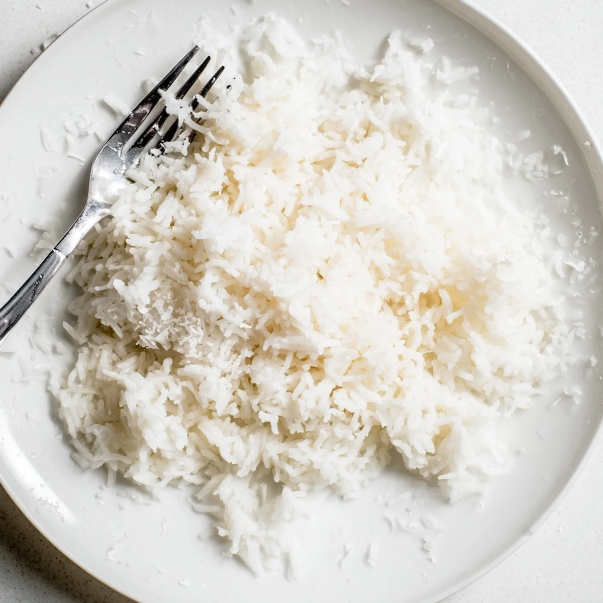 A bowl of The Best Coconut Rice, fluffy and fragrant, served alongside a colorful Thai curry.