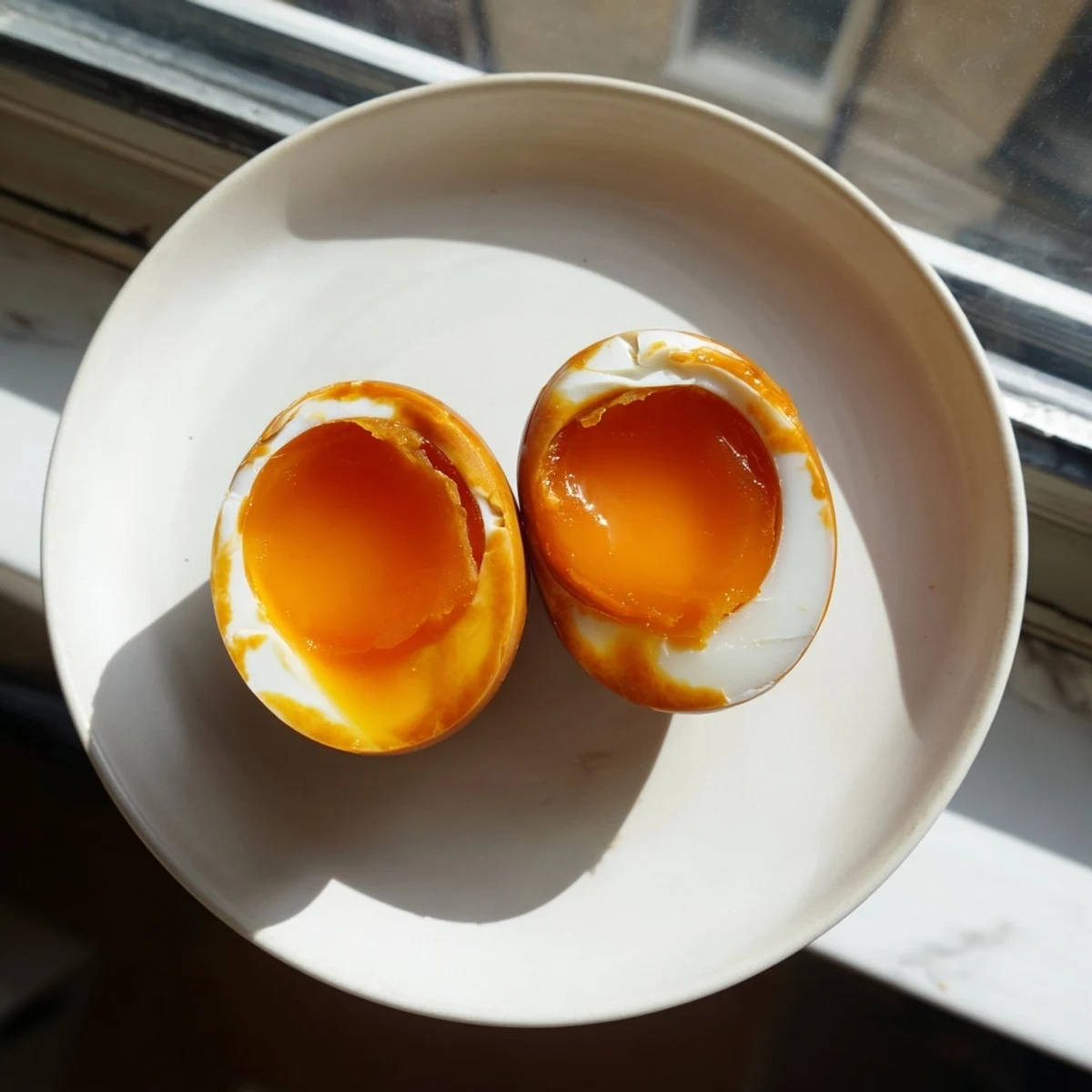 Two halves of perfectly soft-boiled Ramen Eggs rest on a ceramic spoon, their jammy yolks glistening beside a steaming bowl of ramen.