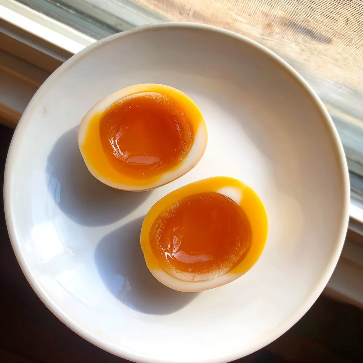 A close-up view shows a peeled Ramen Eggs marinated in a dark, glossy soy sauce, ready to be sliced in half.