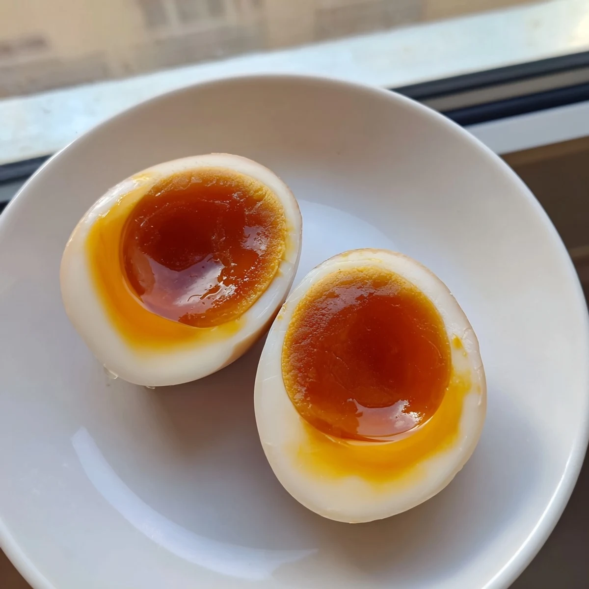 A vibrant serving suggestion of Ramen Eggs atop a bowl of noodles and broth, garnished with green onions and sesame seeds.