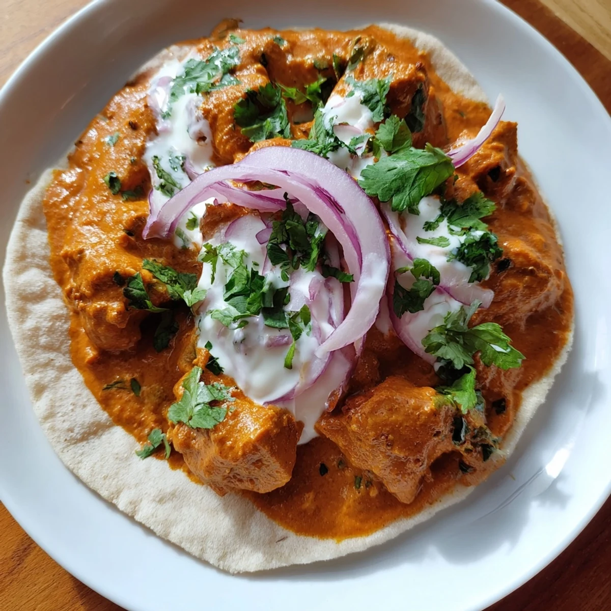 Crispy golden roti bowls hold tender, aromatic butter chicken, topped with fresh cilantro and a creamy yogurt dollop for a comforting Indian fusion meal.