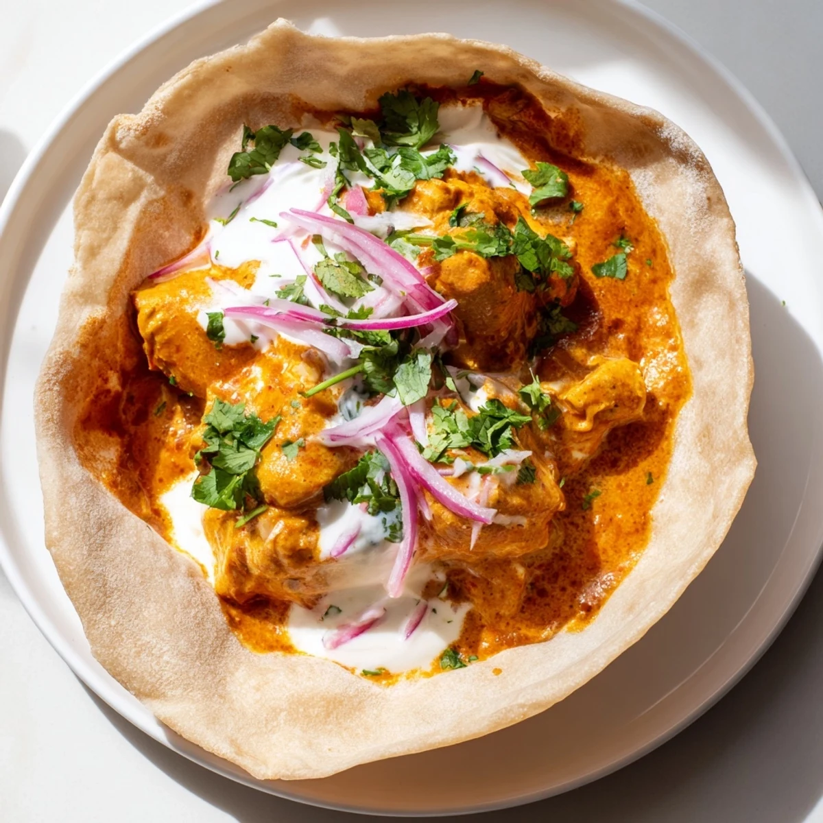 The spiced butter chicken simmers in a rich tomato cream sauce, served steaming inside a warm baked roti shell with a side of lemon.