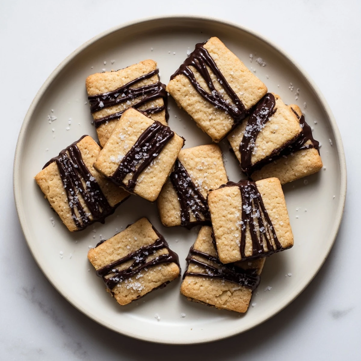 Golden-brown espresso shortbread cookies with melted dark chocolate drizzle and a sprinkle of flaky sea salt.