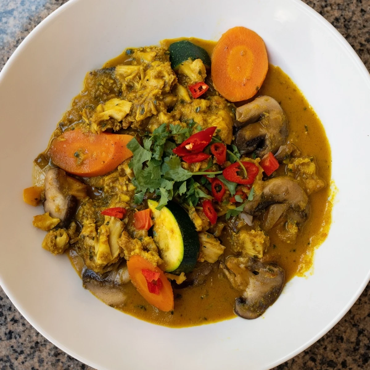 Fragrant Jackfruit and Mushroom Balinese Curry simmering in a creamy coconut sauce, garnished with fresh coriander and lime wedges.
