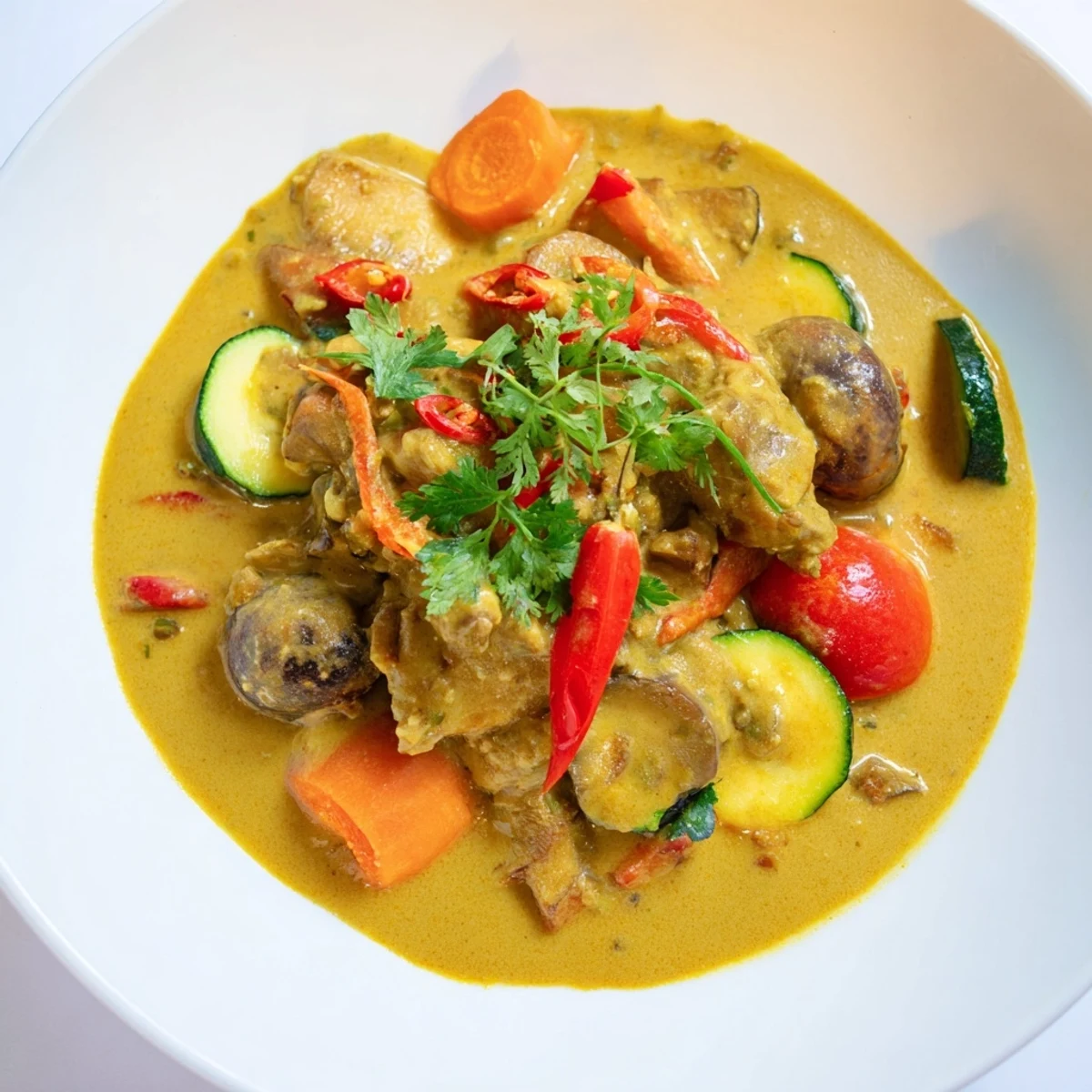 Jackfruit and Mushroom Balinese Curry served hot over steamed white rice, featuring tender vegetables and aromatic spices.