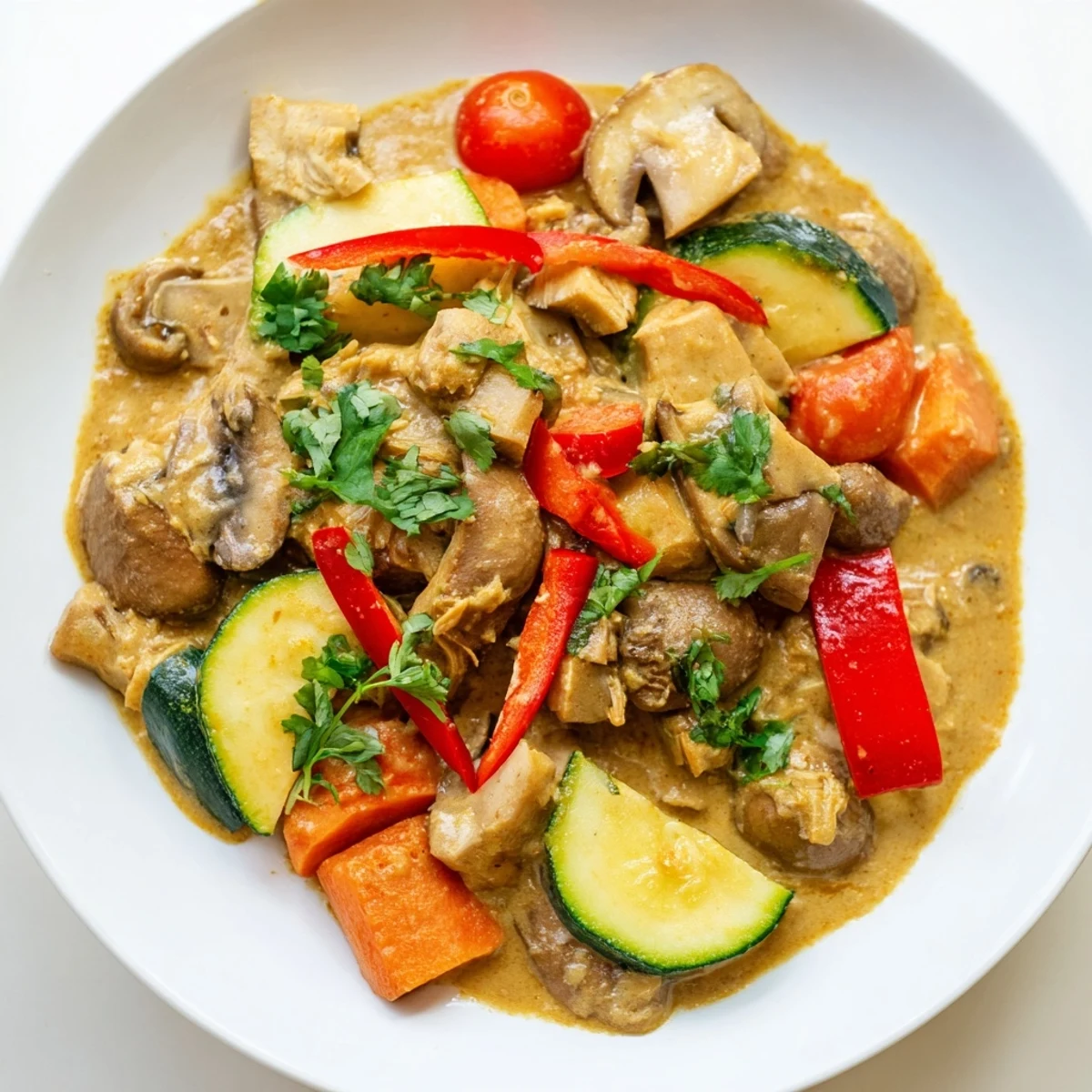 A close-up of Jackfruit and Mushroom Balinese Curry in a rustic bowl, highlighting the rich, spicy sauce and herbs.