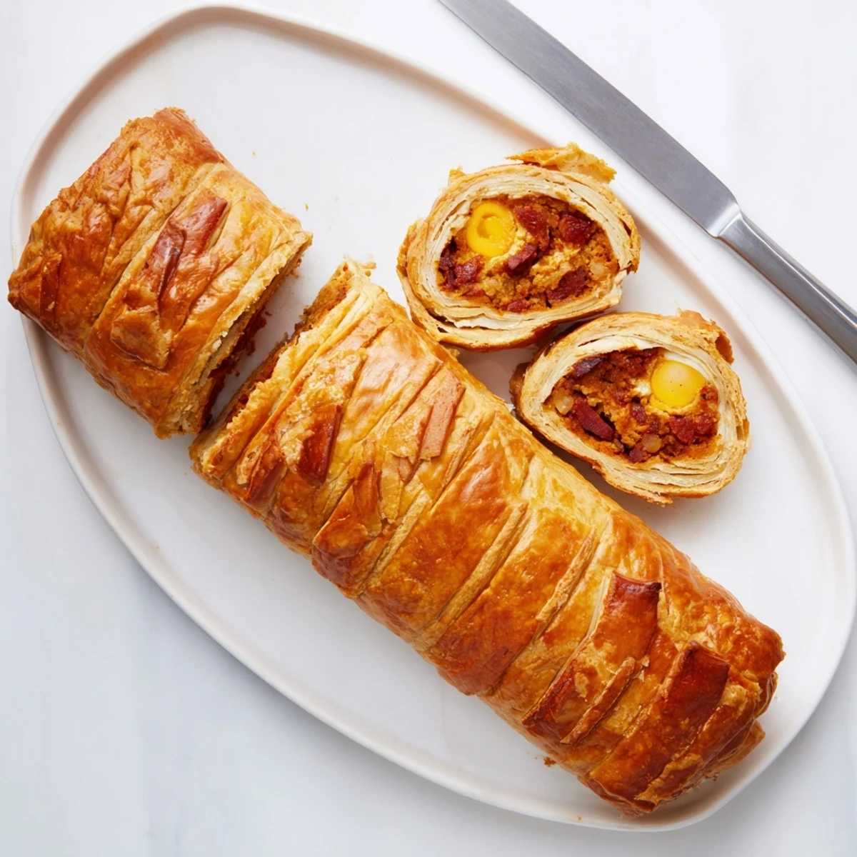 A freshly baked Giant Chorizo and Egg Sausage Roll with golden, flaky puff pastry, sliced to reveal juicy pork, spicy chorizo, and soft-boiled egg centers.