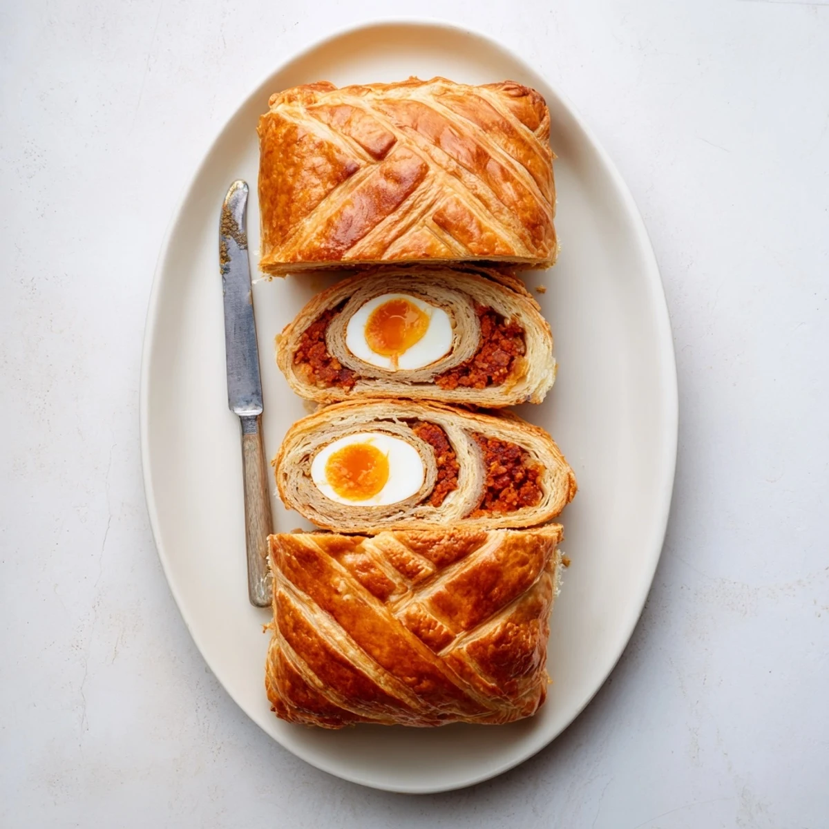 Savory Giant Chorizo and Egg Sausage Roll resting on a rustic board, garnished with fresh parsley, ready to be served with grainy mustard and a crisp salad.