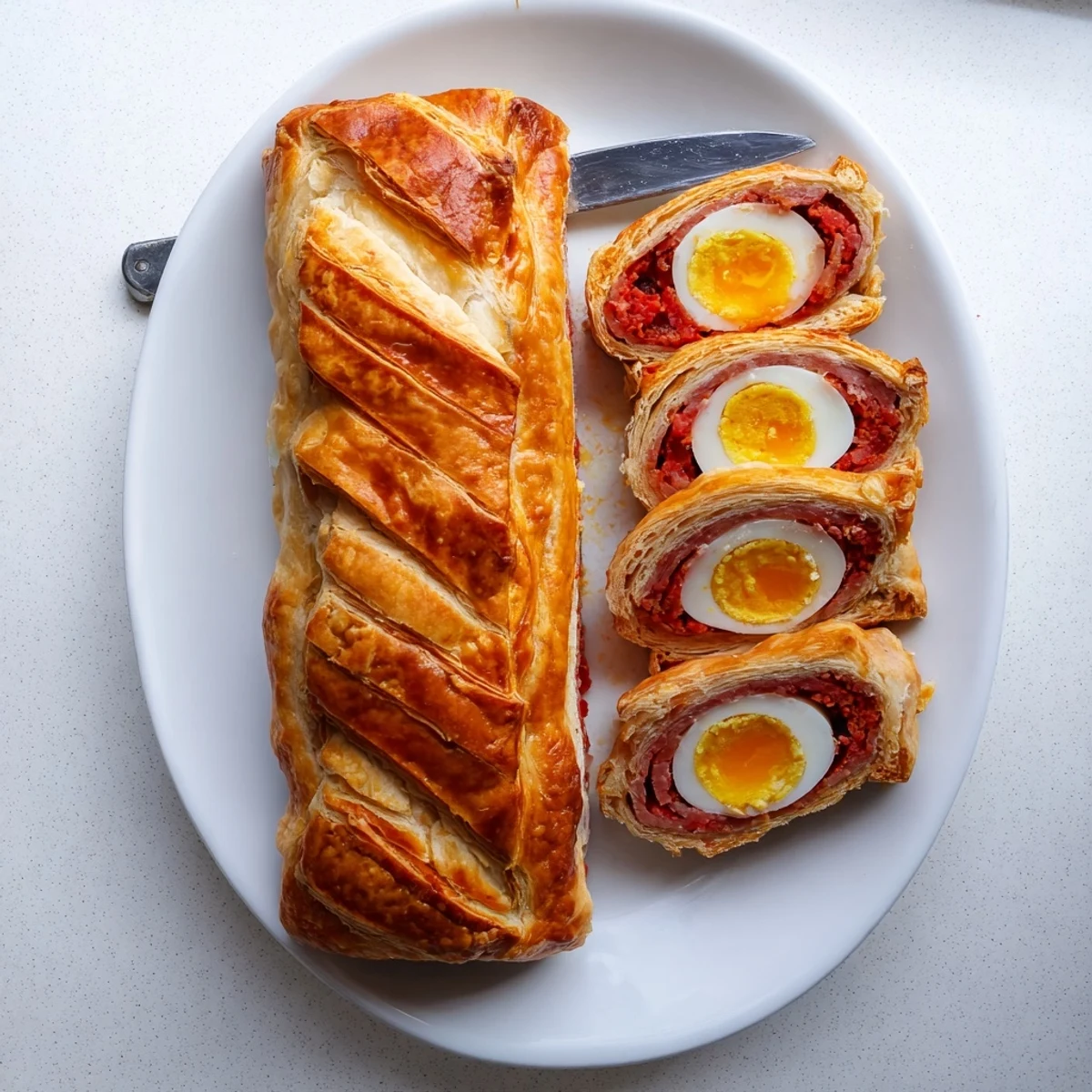 Golden-brown Giant Chorizo and Egg Sausage Roll straight from the oven, steam rising from the flaky crust hiding tender sausage and rich, jammy egg yolks.