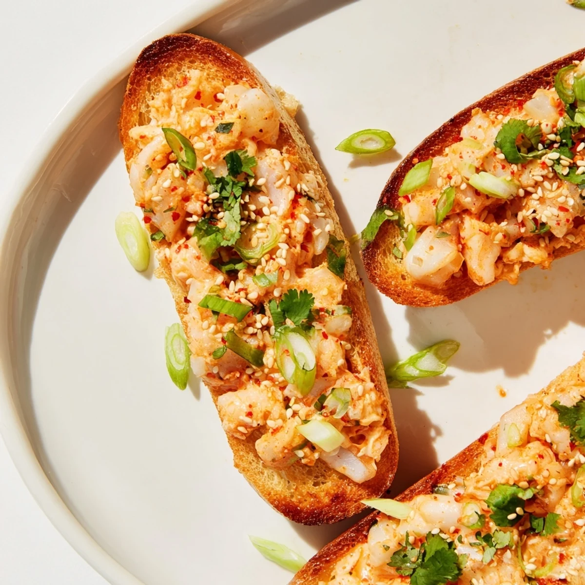 Crispy golden Vietnamese Cajun Shrimp Toast garnished with green onions and sesame seeds, served on a white plate with lime wedges.