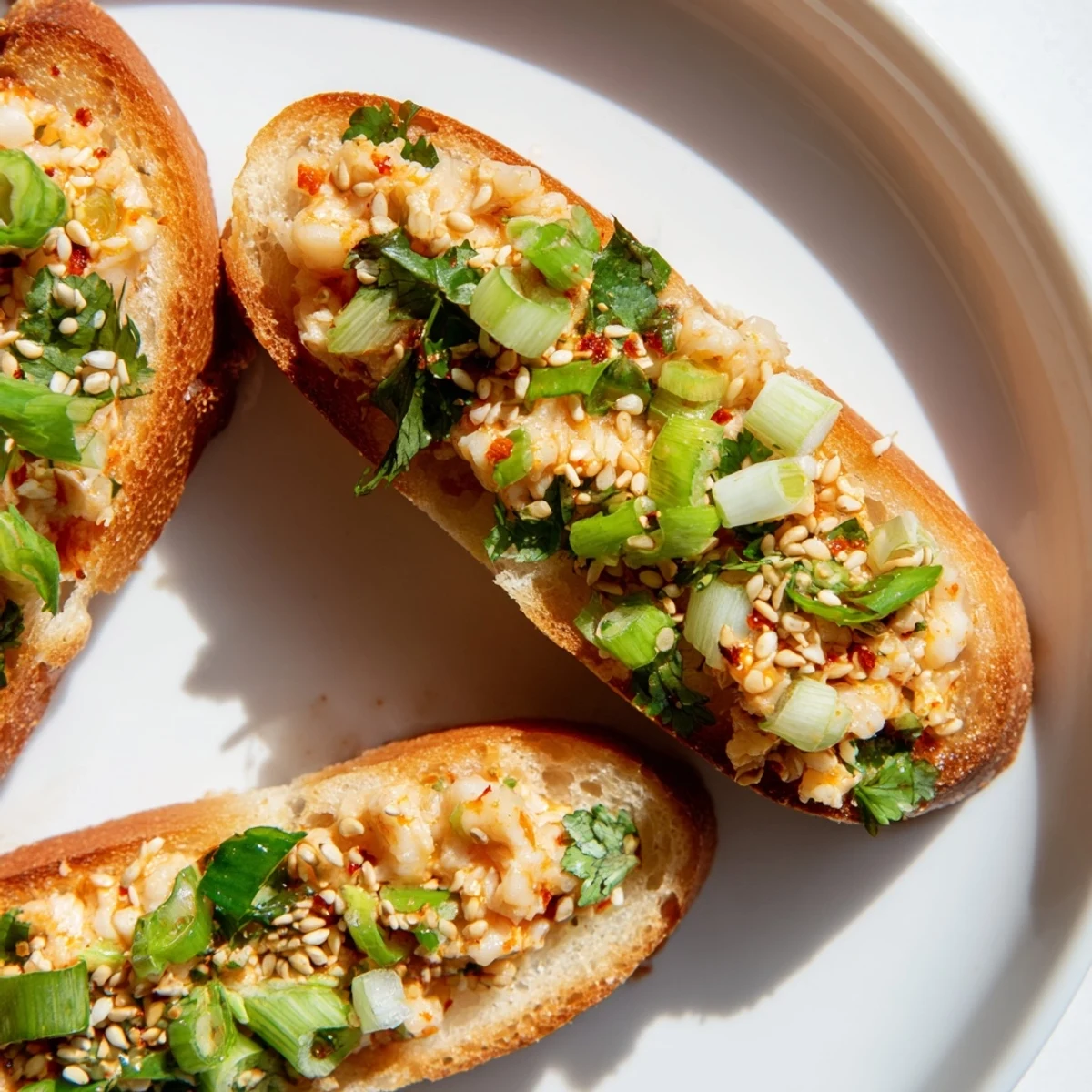 Sliced baguette topped with spicy Cajun shrimp mixture, baked until cooked through and finished with fresh cilantro for a zesty bite.