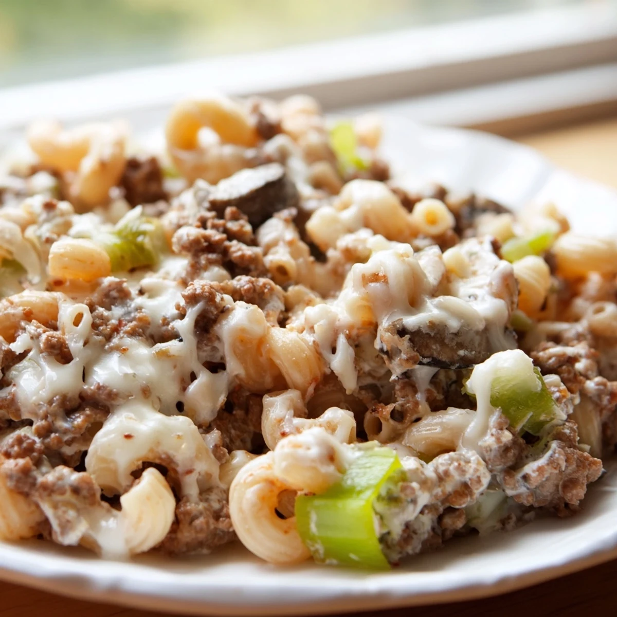 Creamy High Protein Philly Cheesesteak Mac topped with melted provolone and mozzarella in a skillet.