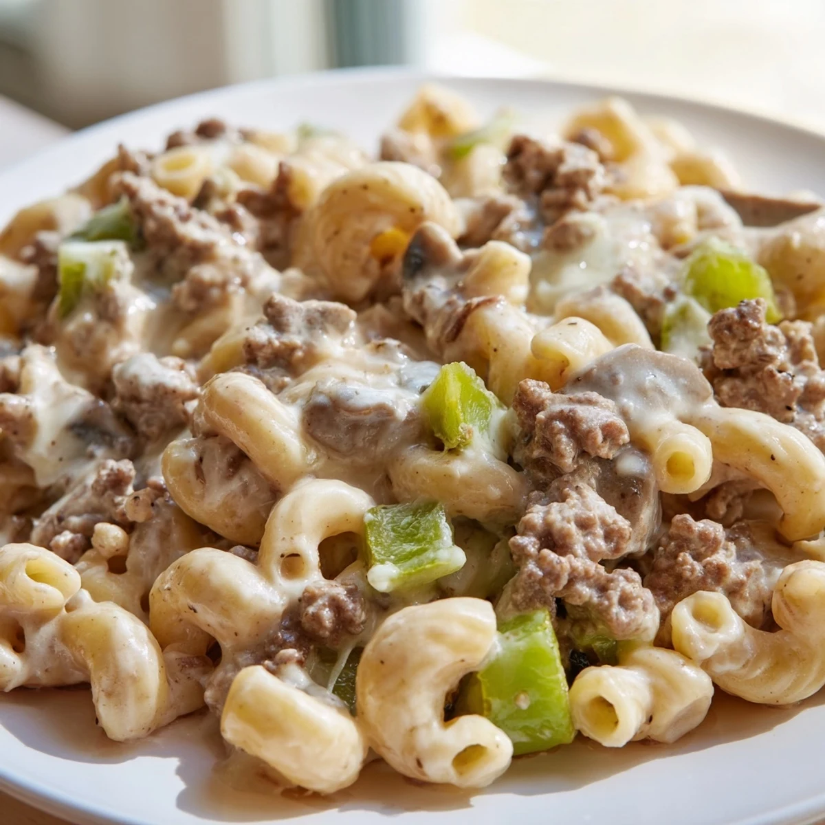 Savory High Protein Philly Cheesesteak Mac with sautéed peppers, onions, mushrooms, and tender pasta.