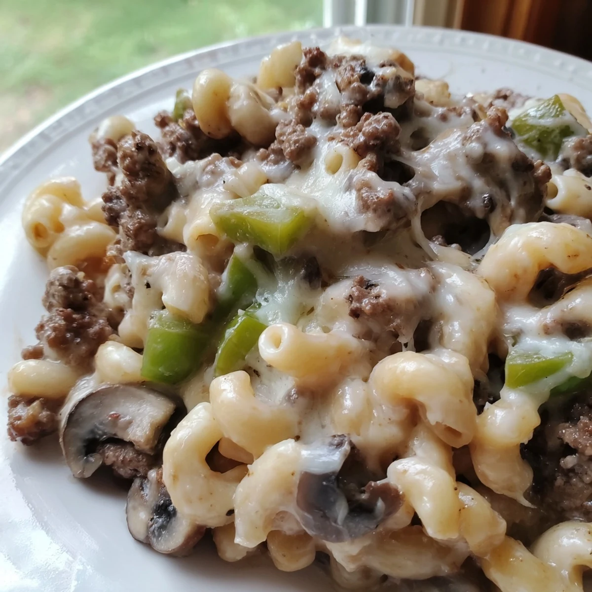 Hearty High Protein Philly Cheesesteak Mac served steaming hot, garnished with fresh parsley and chili flakes.