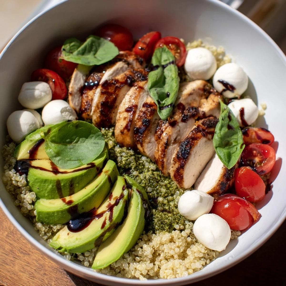 Serve the Pesto Chicken Caprese Grain Bowl for lunch or dinner, featuring sliced avocado, ripe tomatoes, and aromatic basil for a fresh Italian-inspired bite.