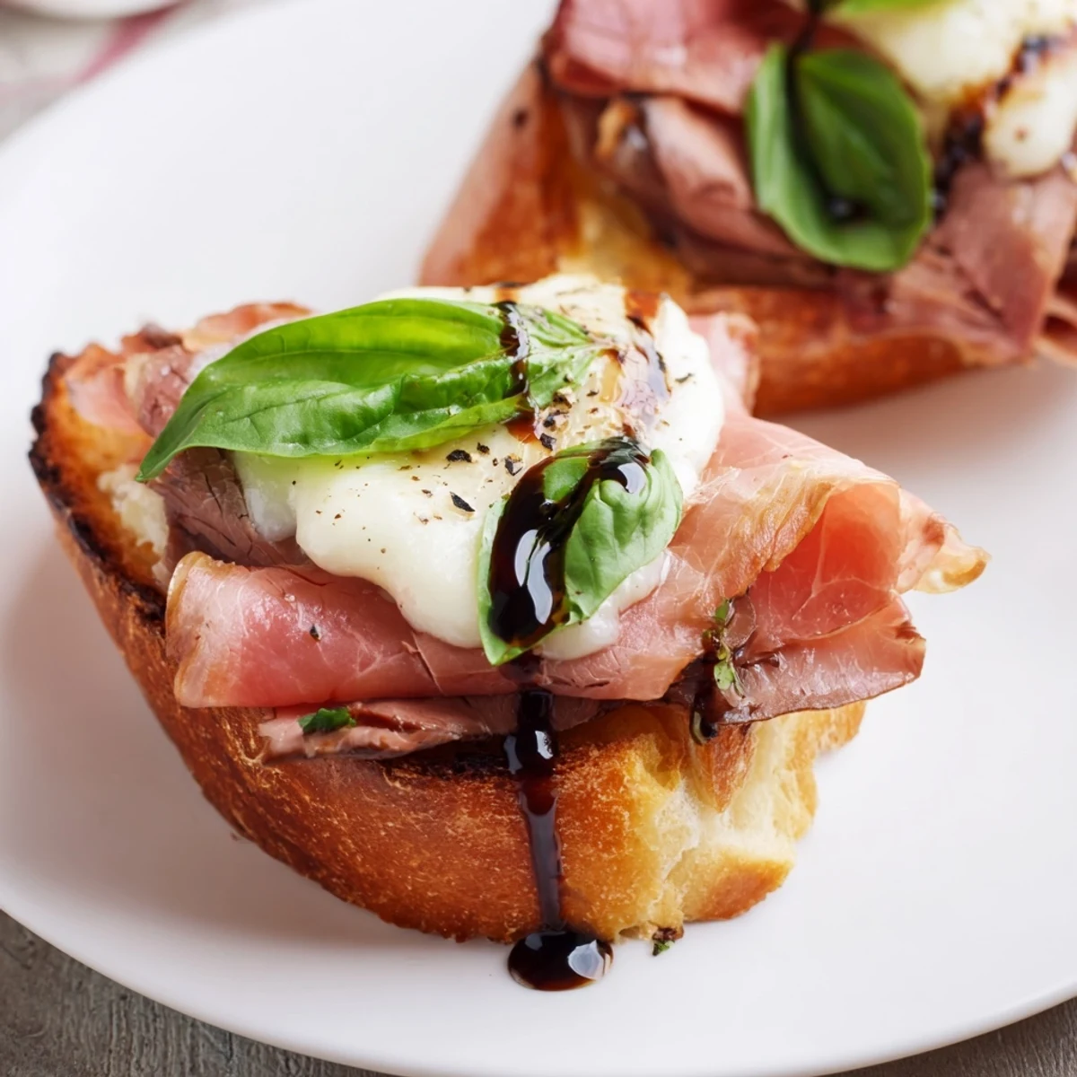 Golden toasted baguette slices cradle melted mozzarella, tender roast beef, and salty prosciutto for a delicious Mozzarella Beef Prosciutto Crostini.