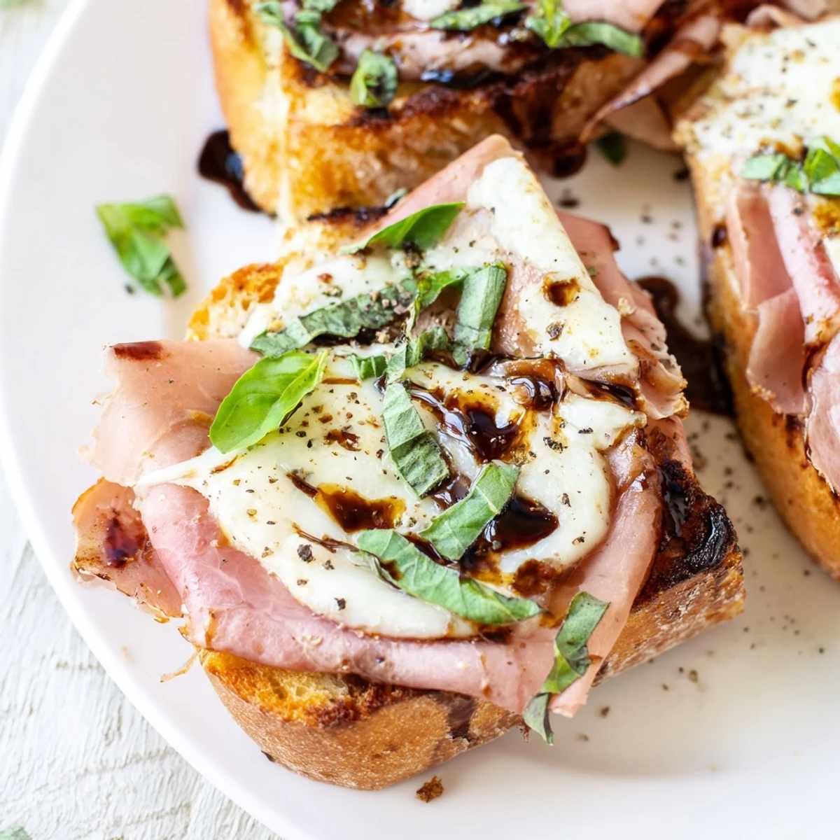 Savory Mozzarella Beef Prosciutto Crostini arranged on a wooden board, garnished with fresh basil and a glossy balsamic drizzle.