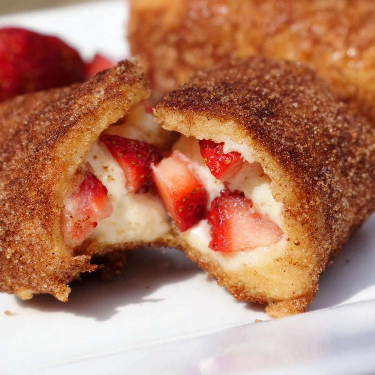 Crispy fried Cheesecake Dessert Chimichangas lined up on paper towels, showing the creamy cheesecake filling inside.