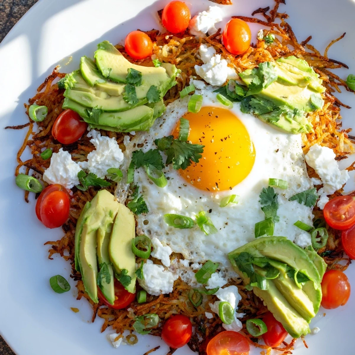 Golden crispy hash browns topped with fluffy eggs, creamy avocado, and tangy cottage cheese for a hearty Loaded Hash Browns with Eggs, Avocado & Cottage Cheese breakfast.