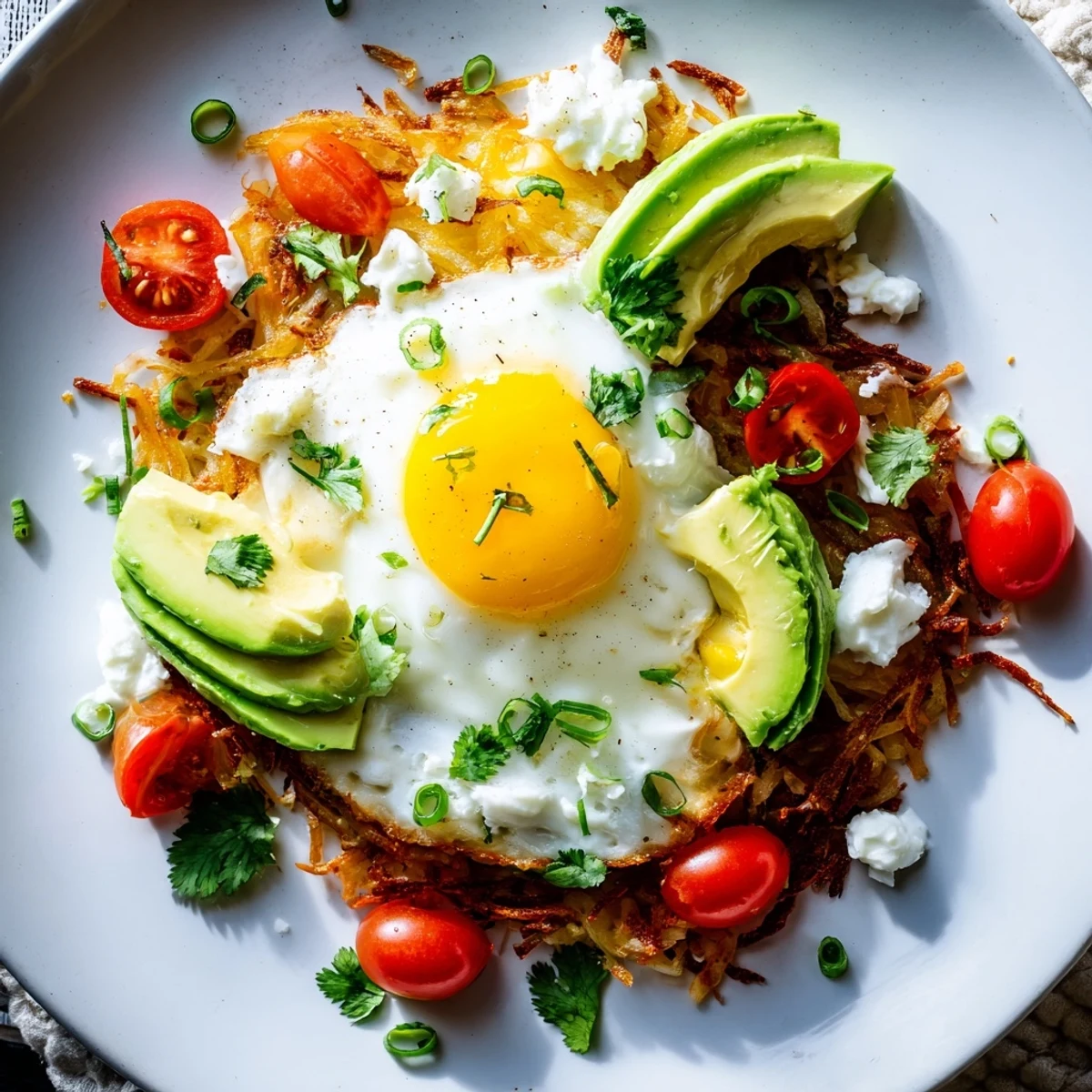 Loaded Hash Browns with Eggs, Avocado & Cottage Cheese served on a white plate with green onions and optional cherry tomatoes for a vibrant morning meal.