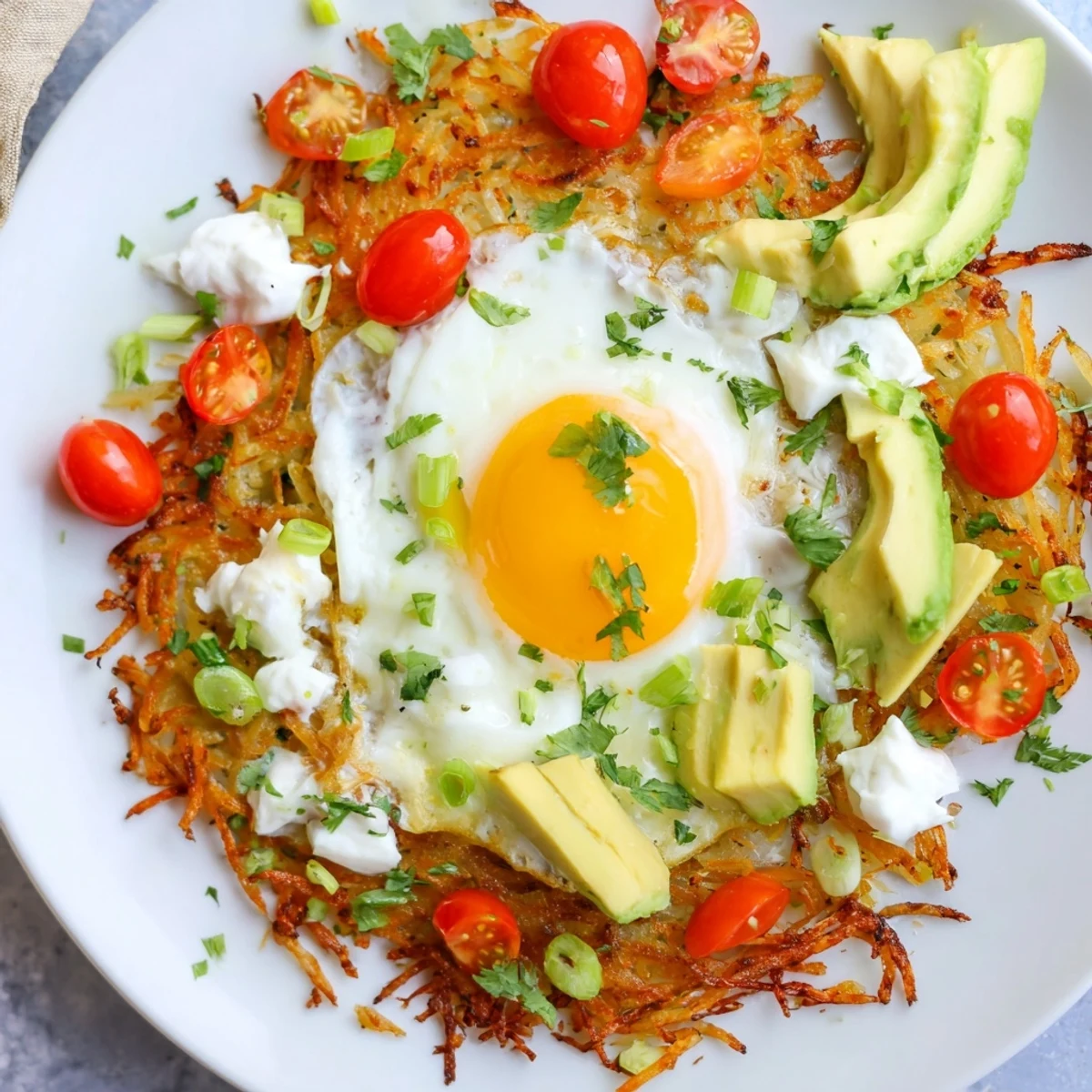 A close-up of a forkful of Loaded Hash Browns with Eggs, Avocado & Cottage Cheese, showcasing the mix of crispy potatoes, soft eggs, and fresh avocado.
