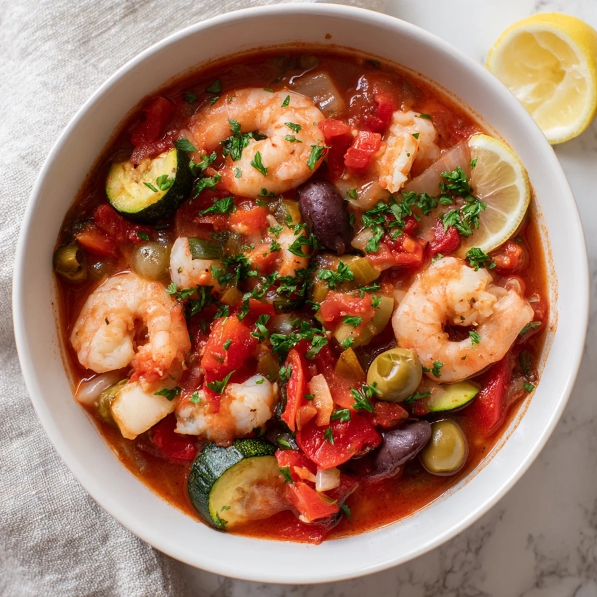 A vibrant bowl of Mediterranean Seafood Shrimp Chili With Olives, featuring succulent shrimp and white fish nestled in a rich, spiced tomato broth.