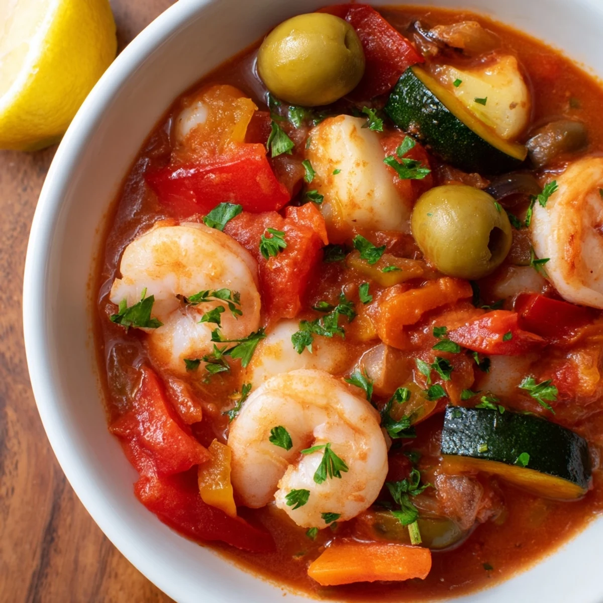 This hearty Mediterranean Seafood Shrimp Chili With Olives is garnished with fresh parsley and lemon wedges, steaming gently in a rustic kitchen setting.