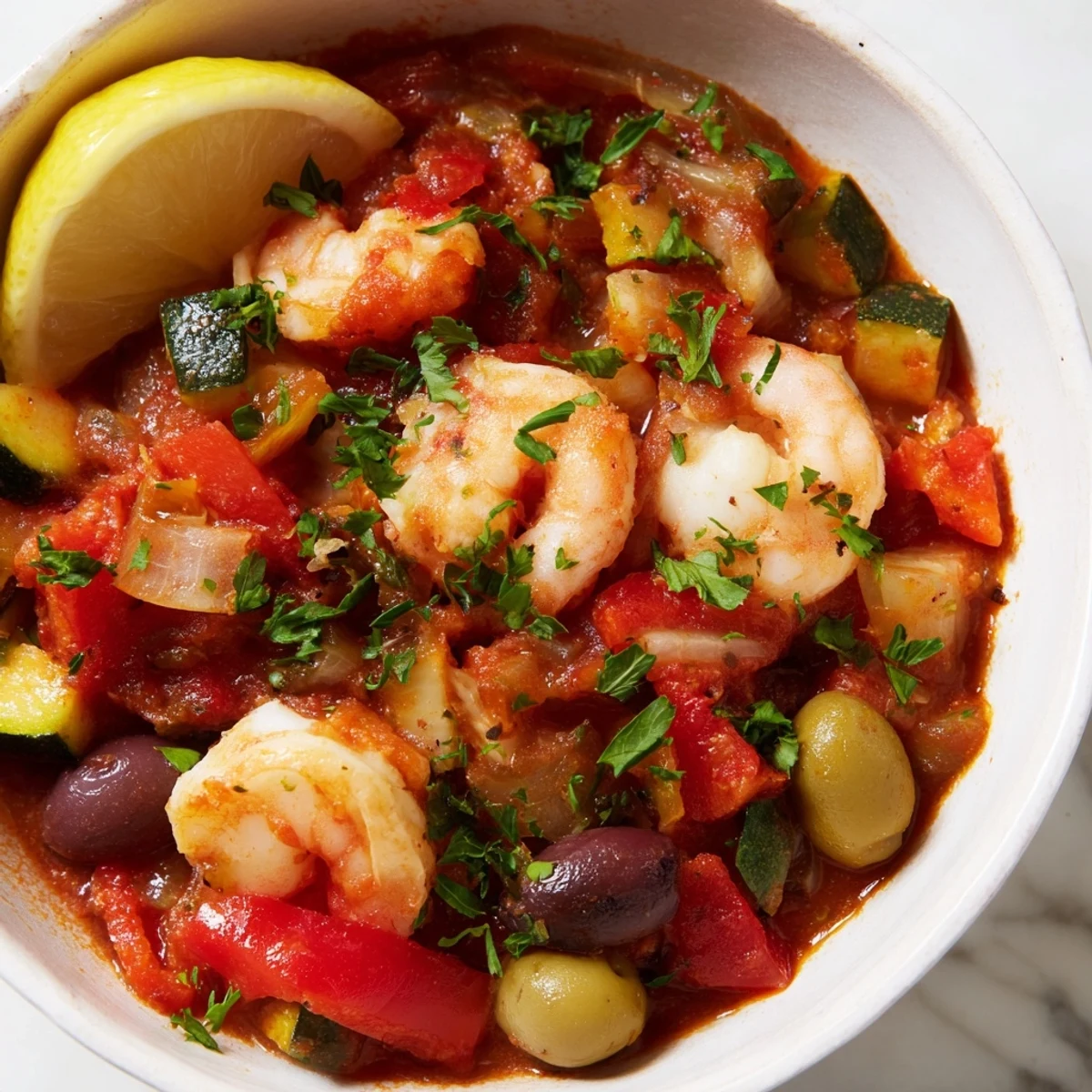 Close-up view of the Mediterranean Seafood Shrimp Chili With Olives, highlighting briny green olives and tender seafood pieces in a colorful, aromatic stew.