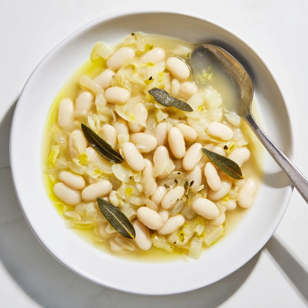 Steaming Tuscan White Beans in a rustic pot, fresh herbs and olive oil glistening warmly.