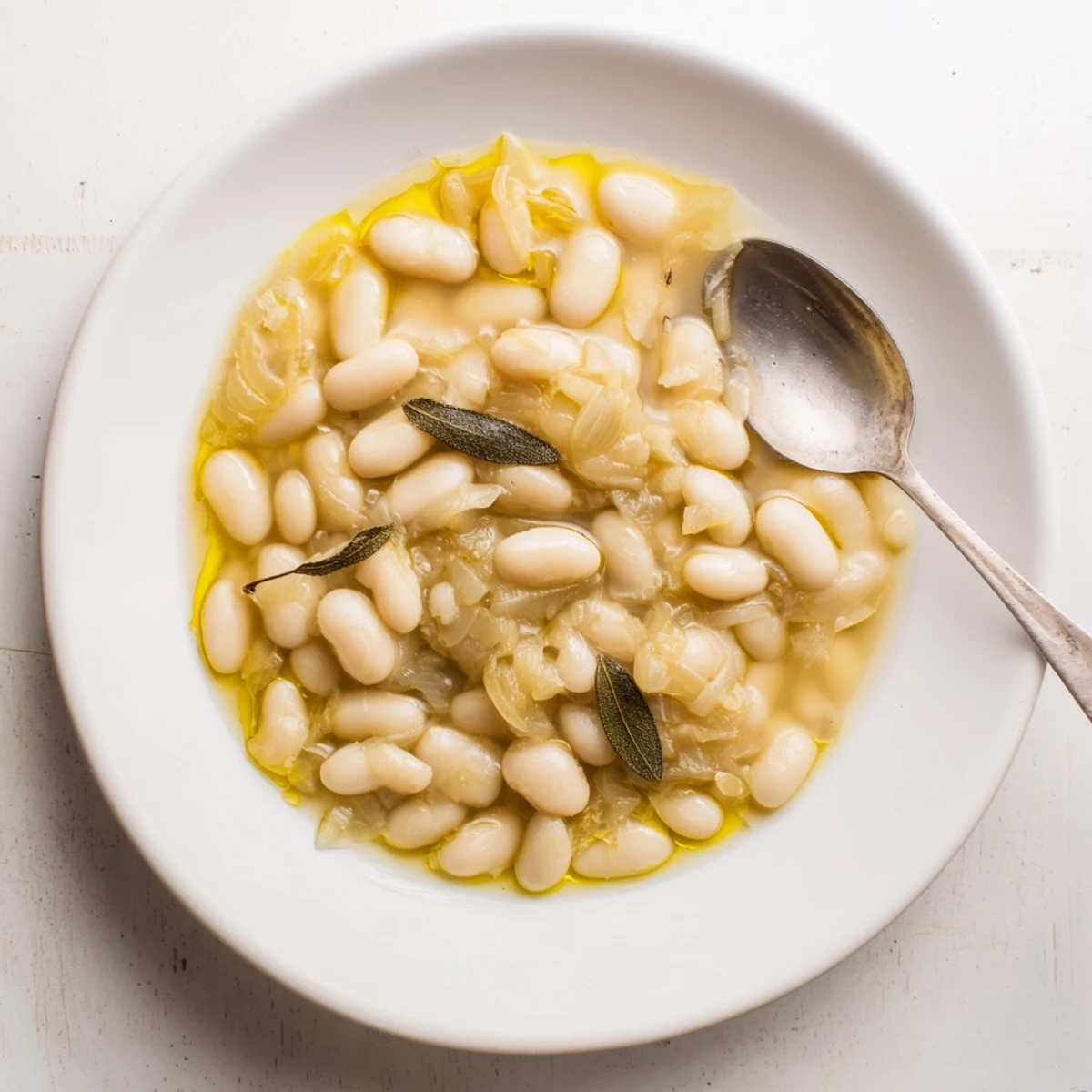 Golden Tuscan White Beans served beside crusty bread, olive oil drizzle catching the light.