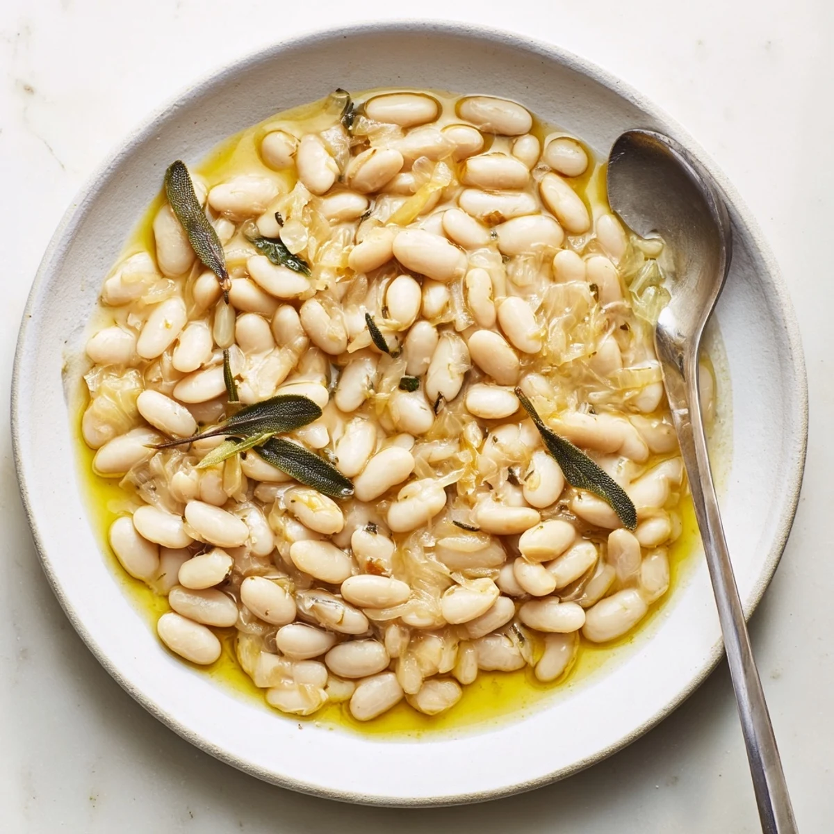 Creamy Tuscan White Beans in a white bowl with rosemary garnish, perfect for a cozy meal.