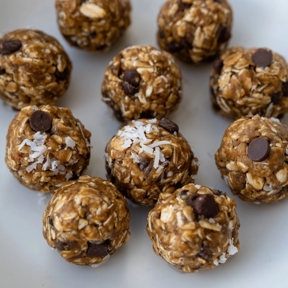 Enjoy chilled Easy No Bake Chocolate Chip Energy Bites, with oats, chocolate chips, and coconut.