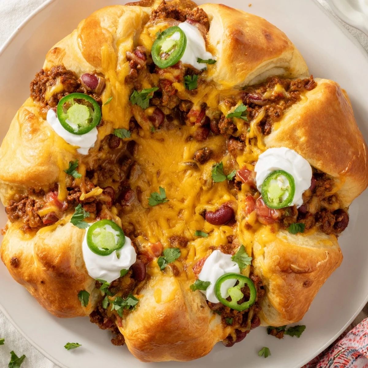 Inside the Beef Chili Taco Crescent Roll Ring, the savory beef chili and cheese filling is visible through a slice.