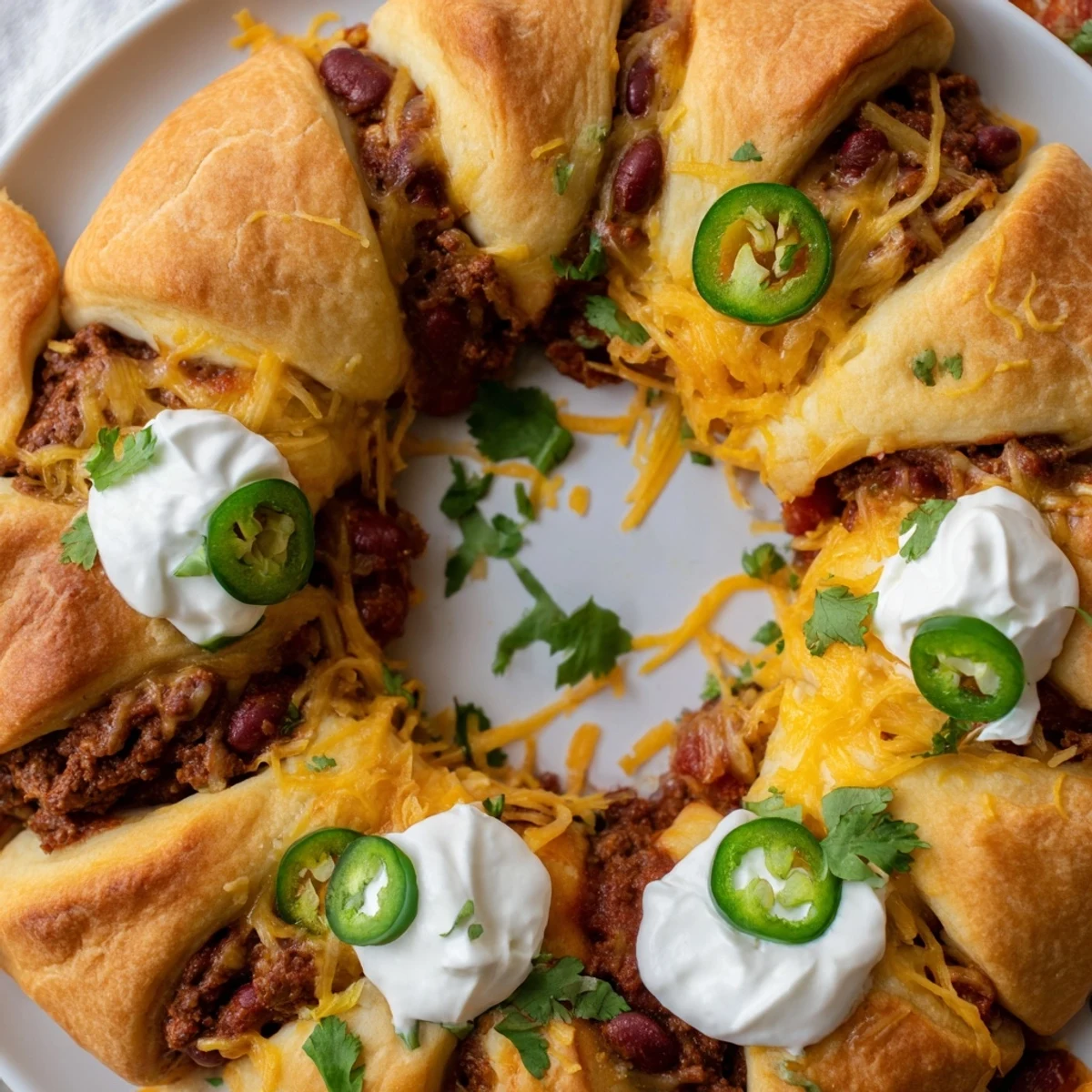 The baked Beef Chili Taco Crescent Roll Ring on a wooden board, garnished with fresh cilantro and green onions for serving.
