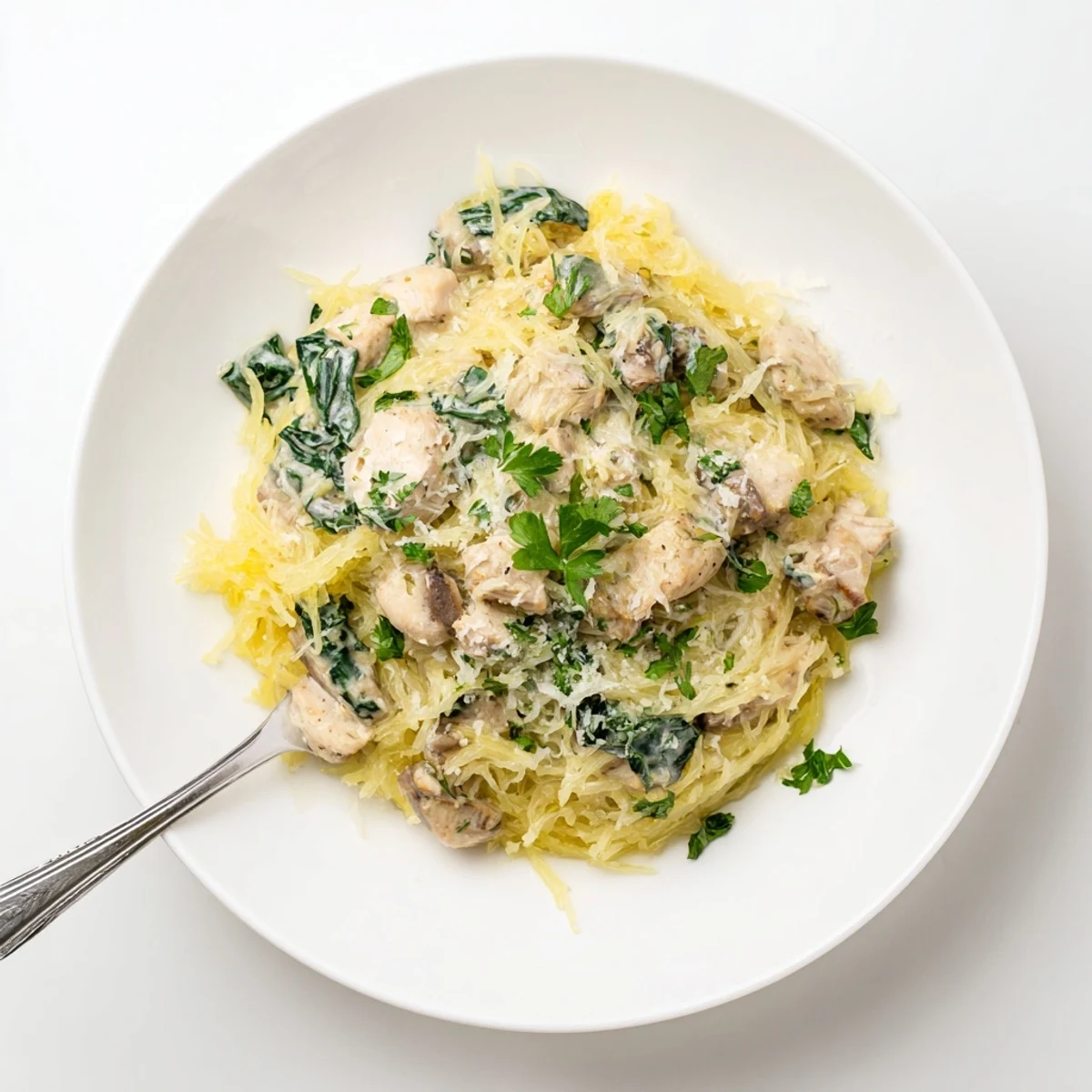 A close-up of Chicken and Spinach Spaghetti Squash Alfredo shows a hearty low-carb dinner served in a white bowl with steam rising.