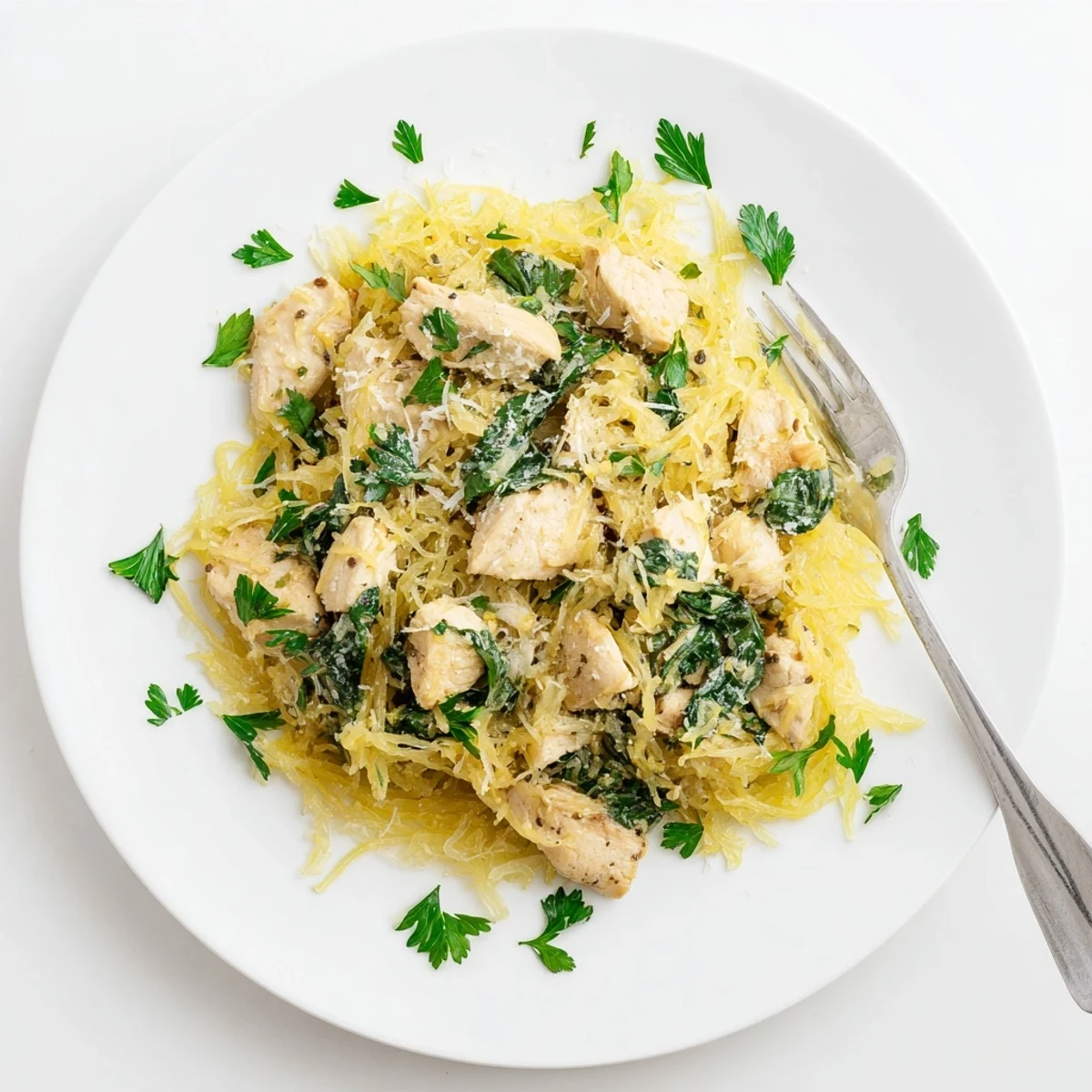 In this healthy Italian-American dish, rich Parmesan sauce clings to shredded spaghetti squash, chicken, and wilted spinach for a satisfying gluten-free meal.