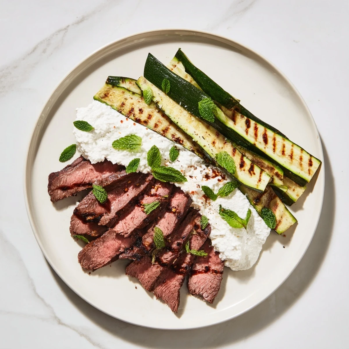 Sliced balsamic flank steak arranged over grilled zucchini, garnished with fresh herbs and balsamic drizzle.