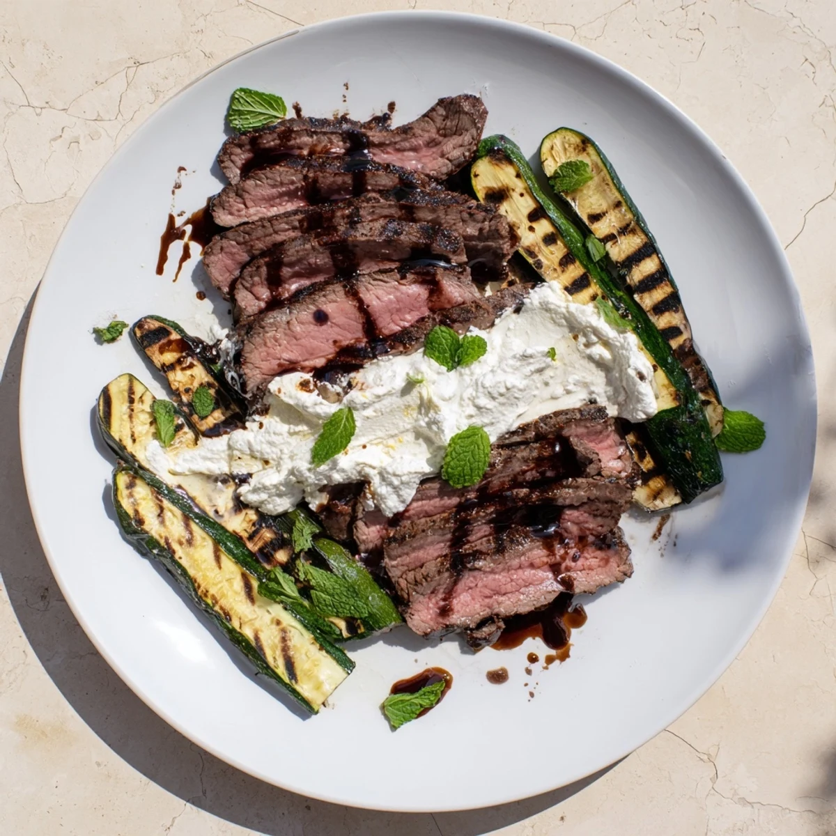 Tender grilled zucchini and balsamic marinated flank steak served with whipped feta for a Mediterranean dinner.