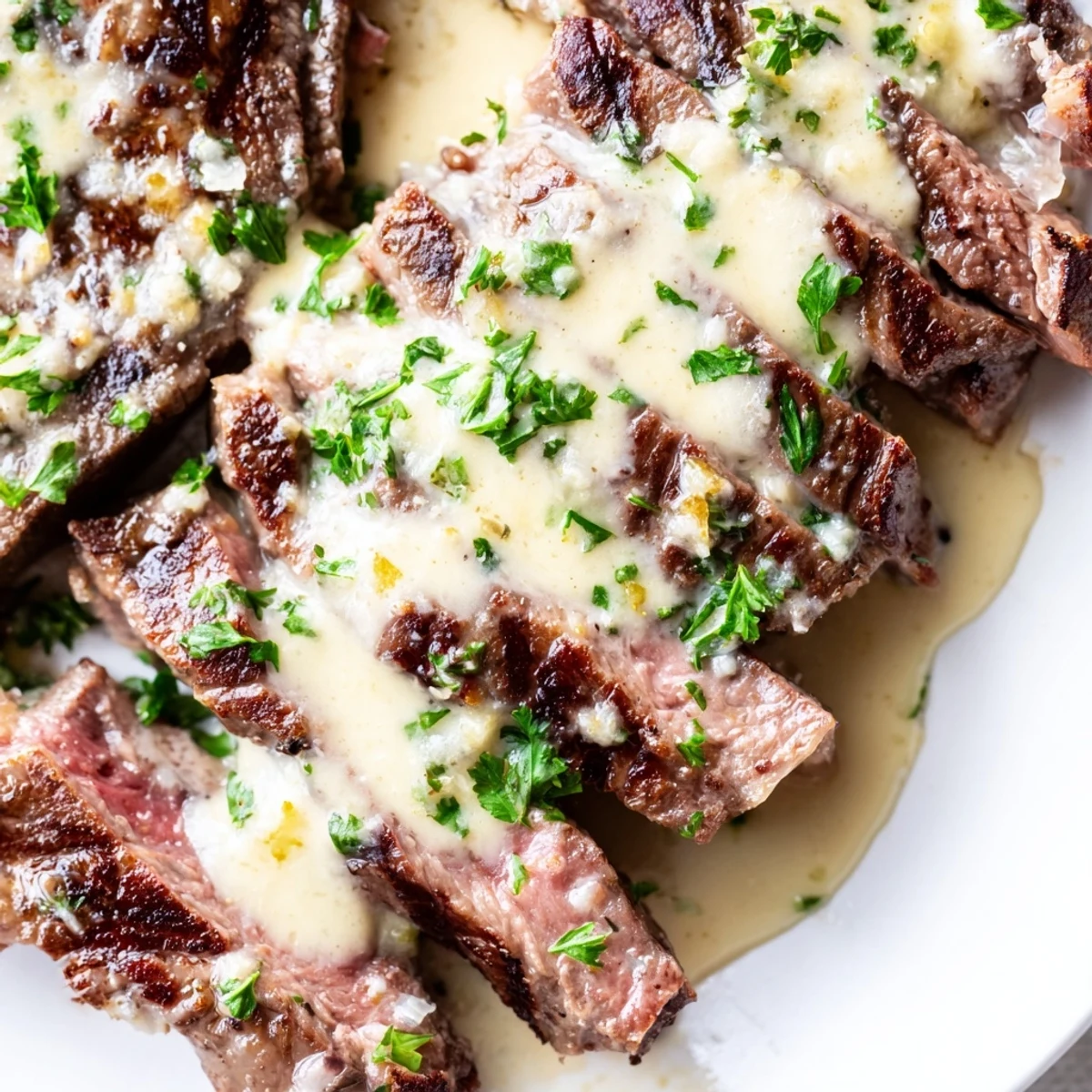 A close-up of Juicy Steak With Creamy Garlic Sauce drizzled over sliced ribeye on a white plate with fresh parsley garnish.