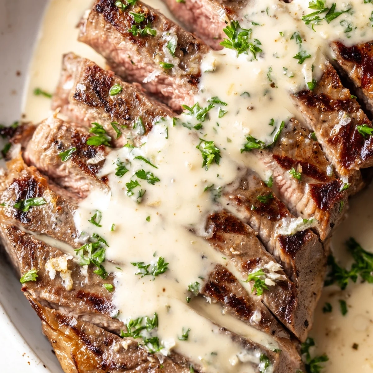 For a cozy dinner, Juicy Steak With Creamy Garlic Sauce is plated with roasted potatoes and steamed green beans.