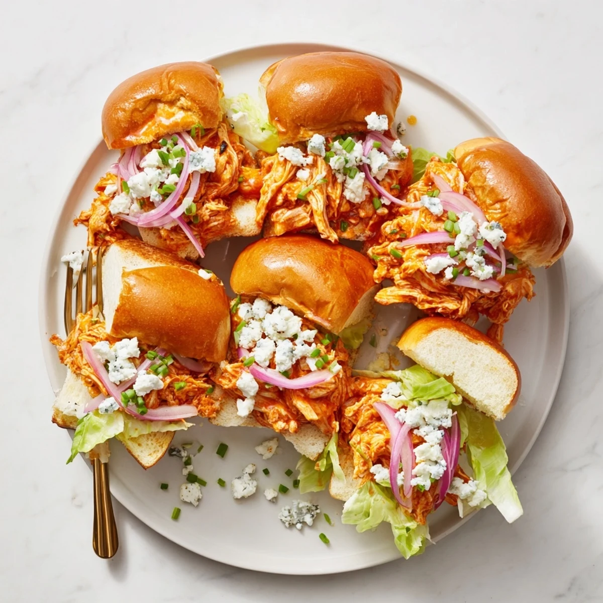 Golden toasted slider buns hold spicy Buffalo chicken, topped with creamy blue cheese crumbles and crisp lettuce leaves.