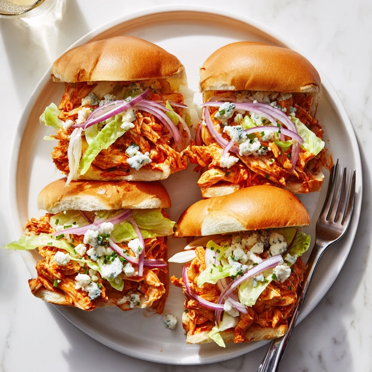 Warm shredded chicken in Frank's RedHot sauce sits on soft buns with red onion and chives.