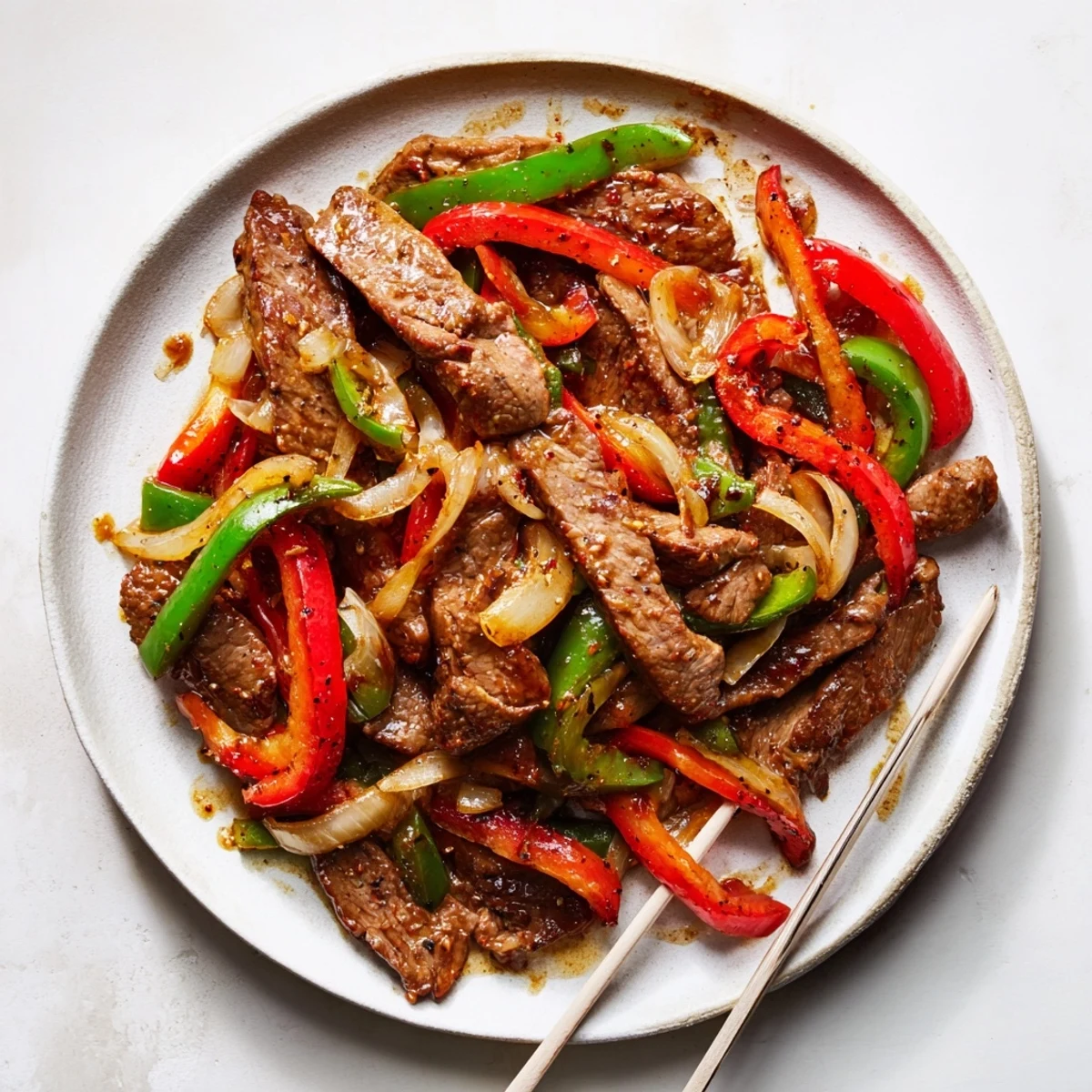 A close-up of Sizzling Chinese Pepper Steak With Onions in a wok, steam rising from beef and peppers.