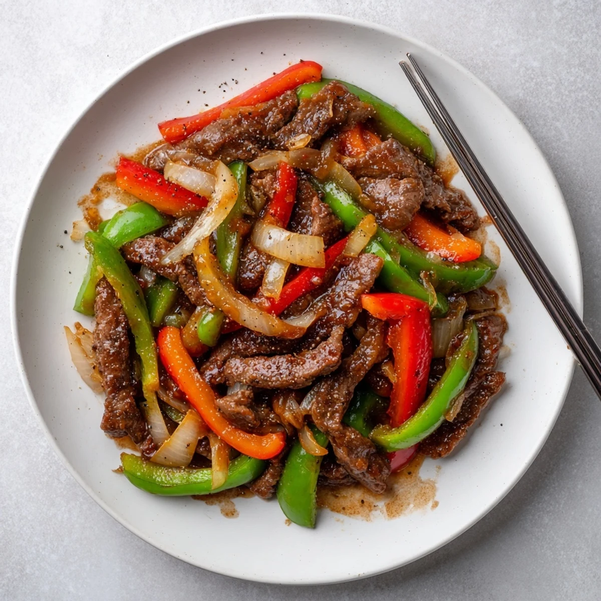 Sizzling Chinese Pepper Steak With Onions served over white rice with chopsticks, perfect for a quick dinner.