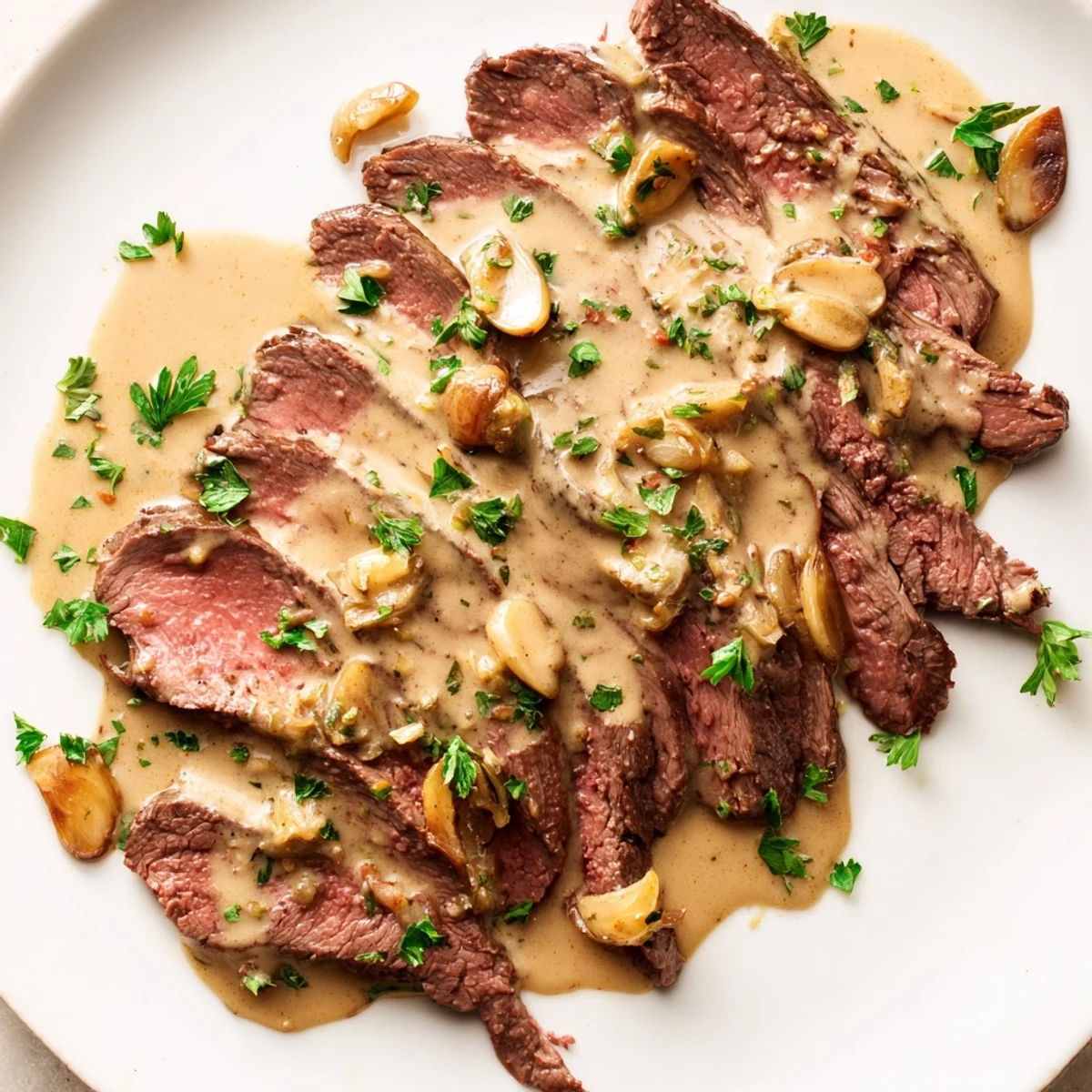 Sliced flank steak drizzled with creamy roasted garlic sauce on a plate.