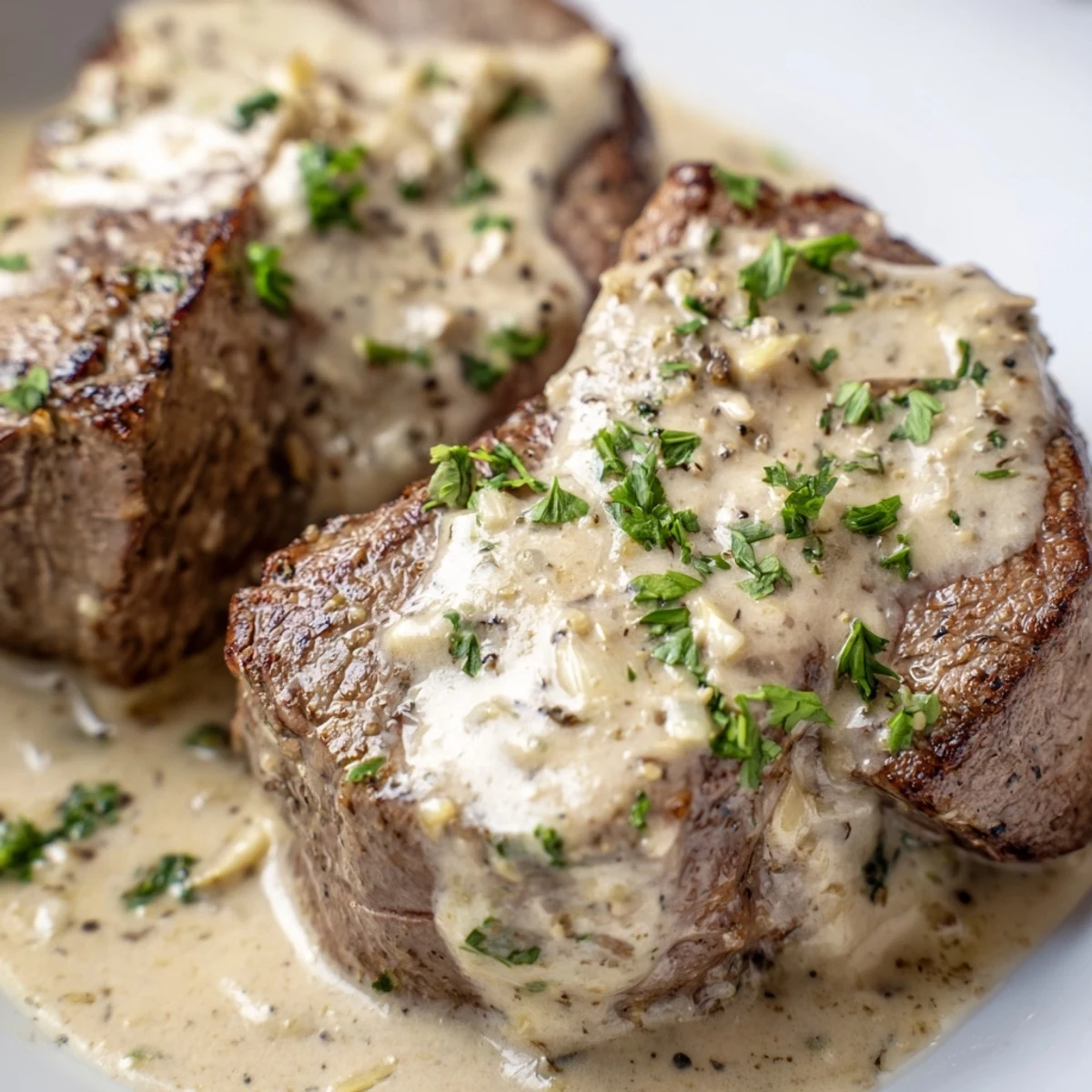 Garlic Butter Steak With Parmesan Cream Sauce sits in a cast iron skillet, showcasing rich, creamy sauce drizzled over juicy, seared beef.