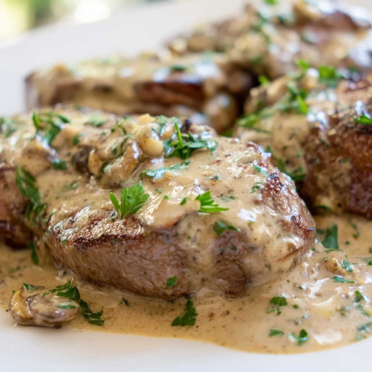 Close-up of Garlic Butter Steak With Parmesan Cream Sauce, highlighting golden-brown crust, melted butter, and garnish of fresh chopped parsley.